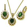 Oro Laminado Earring and Pendant Adult Set, Gold Filled Style Cluster Design, with Green and White Cubic Zirconia, Polished, Golden Finish, 10.438.0004.1