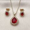 Oro Laminado Earring and Pendant Adult Set, Gold Filled Style Teardrop and Cluster Design, with Garnet Cubic Zirconia and White Micro Pave, Polished, Golden Finish, 10.438.0005