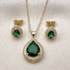 Oro Laminado Earring and Pendant Adult Set, Gold Filled Style Teardrop and Cluster Design, with Green Cubic Zirconia and White Micro Pave, Polished, Golden Finish, 10.438.0005.1