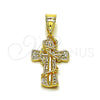 Oro Laminado Religious Pendant, Gold Filled Style Cross Design, with White Micro Pave, Polished, Golden Finish, 05.438.0002