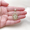 Oro Laminado Religious Pendant, Gold Filled Style Guadalupe Design, with White Cubic Zirconia, Polished, Golden Finish, 05.438.0008