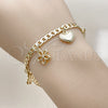 Oro Laminado Charm Bracelet, Gold Filled Style Heart and Butterfly Design, Polished, Golden Finish, 03.63.2300.07 (Thickness, 8 Inches Length)