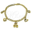 Oro Laminado Charm Bracelet, Gold Filled Style Cherry and Heart Design, Polished, Golden Finish, 03.63.2301.07 (Thickness, 8 Inches Length)