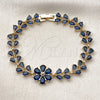 Oro Laminado Tennis Bracelet, Gold Filled Style Flower and Teardrop Design, with Sapphire Blue Cubic Zirconia, Polished, Golden Finish, 03.266.0055.3.07