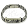 Stainless Steel Fancy Bracelet, Greek Key and Square Franco Design, Polished, Steel Finish, 03.439.0012.09