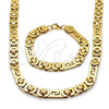 Stainless Steel Necklace and Bracelet, Greek Key Design, Polished, Golden Finish, 06.440.0003