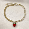 Oro Laminado Charm Bracelet, Gold Filled Style Strawberry and Paperclip Design, Red Enamel Finish, Golden Finish, 03.213.0405.07