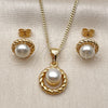 Oro Laminado Earring and Pendant Adult Set, Gold Filled Style Ball and Twist Design, with Ivory Pearl, Polished, Golden Finish, 10.342.0262