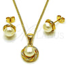 Oro Laminado Earring and Pendant Adult Set, Gold Filled Style Ball and Twist Design, with Ivory Pearl, Polished, Golden Finish, 10.342.0264