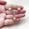 Oro Laminado Earring and Pendant Adult Set, Gold Filled Style Ball and Rope Design, with Ivory Pearl, Diamond Cutting Finish, Golden Finish, 10.342.0265