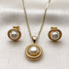 Oro Laminado Earring and Pendant Adult Set, Gold Filled Style Ball and Rope Design, with Ivory Pearl, Diamond Cutting Finish, Golden Finish, 10.342.0265