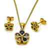 Oro Laminado Earring and Pendant Adult Set, Gold Filled Style Flower Design, with Multicolor Cubic Zirconia, Polished, Golden Finish, 10.342.0270