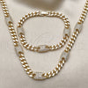 Oro Laminado Necklace and Bracelet, Gold Filled Style Miami Cuban Design, with White Cubic Zirconia, Polished, Golden Finish, 06.266.0004.18