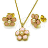 Oro Laminado Earring and Pendant Adult Set, Gold Filled Style Flower Design, with Ivory Pearl, Pink Enamel Finish, Golden Finish, 10.156.0548