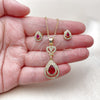 Oro Laminado Earring and Pendant Adult Set, Gold Filled Style Teardrop and Heart Design, with Ruby and White Cubic Zirconia, Polished, Golden Finish, 10.156.0555