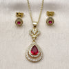 Oro Laminado Earring and Pendant Adult Set, Gold Filled Style Teardrop and Heart Design, with Ruby and White Cubic Zirconia, Polished, Golden Finish, 10.156.0555