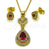 Oro Laminado Earring and Pendant Adult Set, Gold Filled Style Teardrop and Heart Design, with Ruby and White Cubic Zirconia, Polished, Golden Finish, 10.156.0555