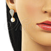 Oro Laminado Stud Earring, Gold Filled Style Teardrop Design, with Ivory Pearl and White Micro Pave, Polished, Golden Finish, 02.156.0738