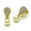 Oro Laminado Stud Earring, Gold Filled Style Teardrop Design, with Ivory Pearl and White Micro Pave, Polished, Golden Finish, 02.156.0738