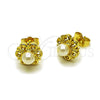 Oro Laminado Stud Earring, Gold Filled Style Flower Design, with Ivory Pearl, Polished, Golden Finish, 02.156.0739