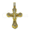 Oro Laminado Religious Pendant, Gold Filled Style Crucifix and Baguette Design, with White Cubic Zirconia and White Micro Pave, Polished, Golden Finish, 05.253.0206