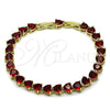 Oro Laminado Tennis Bracelet, Gold Filled Style Heart Design, with Garnet Cubic Zirconia, Polished, Golden Finish, 03.284.0064.1.08