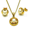 Oro Laminado Earring and Pendant Adult Set, Gold Filled Style Flower and Ball Design, with Ivory Pearl, Polished, Golden Finish, 10.342.0278