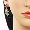 Oro Laminado Long Earring, Gold Filled Style Teardrop and Heart Design, with Amethyst and White Cubic Zirconia, Polished, Golden Finish, 02.282.0104