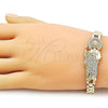 Oro Laminado Fancy Bracelet, Gold Filled Style San Judas and Belt Buckle Design, with White Cubic Zirconia, Polished, Golden Finish, 03.411.0083.07 (Thickness, 8 Inches Length)