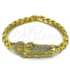 Oro Laminado Fancy Bracelet, Gold Filled Style San Judas and Belt Buckle Design, with White Cubic Zirconia, Polished, Golden Finish, 03.411.0083.07 (Thickness, 8 Inches Length)
