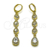 Oro Laminado Long Earring, Gold Filled Style Teardrop and Cluster Design, with White Cubic Zirconia, Polished, Golden Finish, 02.323.0111