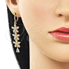 Oro Laminado Long Earring, Gold Filled Style Flower and Teardrop Design, with White Cubic Zirconia, Polished, Golden Finish, 02.323.0113