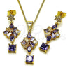 Oro Laminado Earring and Pendant Adult Set, Gold Filled Style Flower Design, with Amethyst Cubic Zirconia, Polished, Golden Finish, 10.282.0021