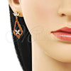 Oro Laminado Long Earring, Gold Filled Style Teardrop and Butterfly Design, with Garnet Cubic Zirconia and White Micro Pave, Polished, Golden Finish, 02.282.0111