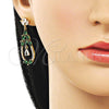 Oro Laminado Long Earring, Gold Filled Style Teardrop Design, with Green and White Cubic Zirconia, Polished, Golden Finish, 02.282.0112
