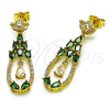Oro Laminado Long Earring, Gold Filled Style Teardrop Design, with Green and White Cubic Zirconia, Polished, Golden Finish, 02.282.0112