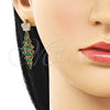 Oro Laminado Long Earring, Gold Filled Style Crown and Teardrop Design, with Green and White Cubic Zirconia, Polished, Golden Finish, 02.282.0114.2