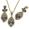 Oro Laminado Earring and Pendant Adult Set, Gold Filled Style Heart Design, with Amethyst and White Cubic Zirconia, Polished, Golden Finish, 10.282.0025