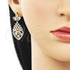 Oro Laminado Long Earring, Gold Filled Style Teardrop and Heart Design, with White Cubic Zirconia, Polished, Golden Finish, 02.282.0104.3