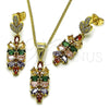 Oro Laminado Earring and Pendant Adult Set, Gold Filled Style Leaf Design, with Multicolor Cubic Zirconia and White Micro Pave, Polished, Golden Finish, 10.282.0026