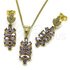 Oro Laminado Earring and Pendant Adult Set, Gold Filled Style Leaf Design, with White Micro Pave and Amethyst Cubic Zirconia, Polished, Golden Finish, 10.282.0026.1