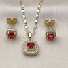 Oro Laminado Earring and Pendant Adult Set, Gold Filled Style Cluster Design, with White Micro Pave and Ruby Cubic Zirconia, Polished, Golden Finish, 10.196.0183.2