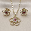 Oro Laminado Earring and Pendant Adult Set, Gold Filled Style Flower Design, with White and Ruby Cubic Zirconia, Polished, Golden Finish, 10.196.0167.1
