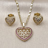 Oro Laminado Earring and Pendant Adult Set, Gold Filled Style Heart and Filigree Design, with Ruby Cubic Zirconia, Polished, Golden Finish, 10.196.0199