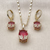 Oro Laminado Earring and Pendant Adult Set, Gold Filled Style Flower Design, with Ruby Cubic Zirconia and White Micro Pave, Polished, Golden Finish, 10.196.0211