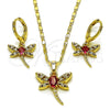 Oro Laminado Earring and Pendant Adult Set, Gold Filled Style Dragon-Fly Design, with Ruby and White Cubic Zirconia, Polished, Golden Finish, 10.196.0212