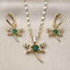Oro Laminado Earring and Pendant Adult Set, Gold Filled Style Dragon-Fly Design, with Green and White Cubic Zirconia, Polished, Golden Finish, 10.196.0212.1