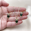 Oro Laminado Earring and Pendant Adult Set, Gold Filled Style Owl Design, with Green and Black Cubic Zirconia, Polished, Golden Finish, 10.196.0216