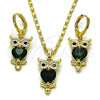 Oro Laminado Earring and Pendant Adult Set, Gold Filled Style Owl Design, with Green and Black Cubic Zirconia, Polished, Golden Finish, 10.196.0216