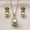 Oro Laminado Earring and Pendant Adult Set, Gold Filled Style Leaf and Ball Design, with Ivory Pearl and White Cubic Zirconia, Polished, Golden Finish, 10.156.0558